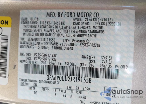 2018 Ford Fusion Hybrid S z USA, uszkodzony, nr VIN 3FA6P0UU2JR191558